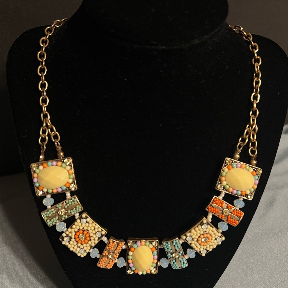Vintage Boho Festival Multi Colored Necklace Gold Tone Chain‎